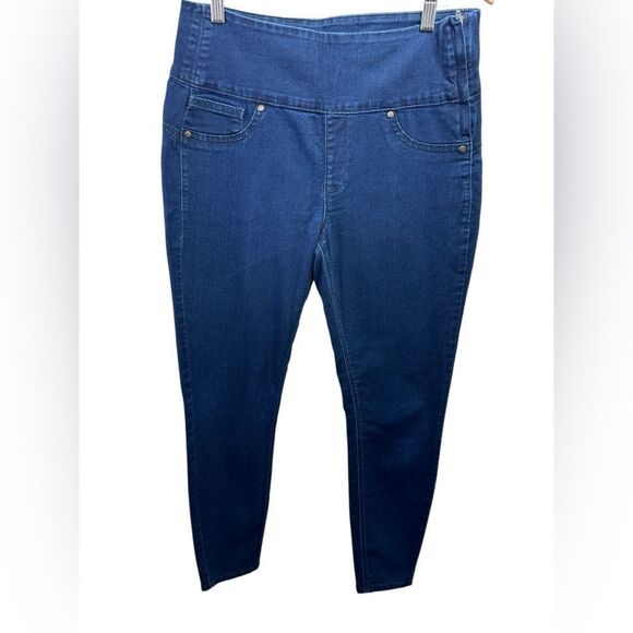 Spanx Sara Blake Alexia Blue Skinny Jeans Side Zip Pull On Jegging Sz L - Picture 1 of 11